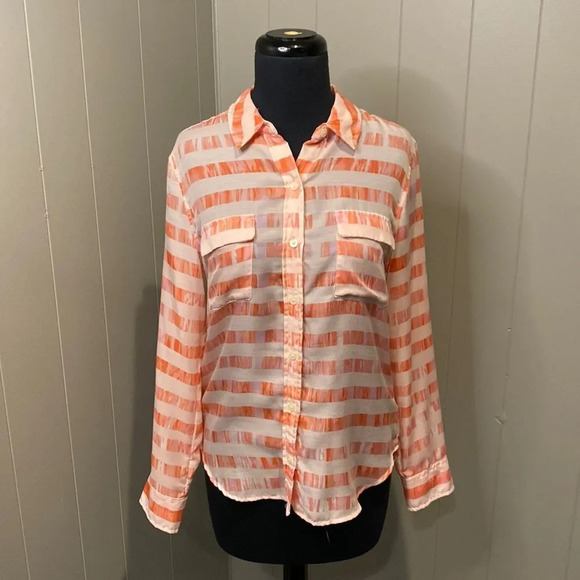 Calvin Klein Small Pink Collared Long Sleeve Blouse Stripes - Picture 1 of 7